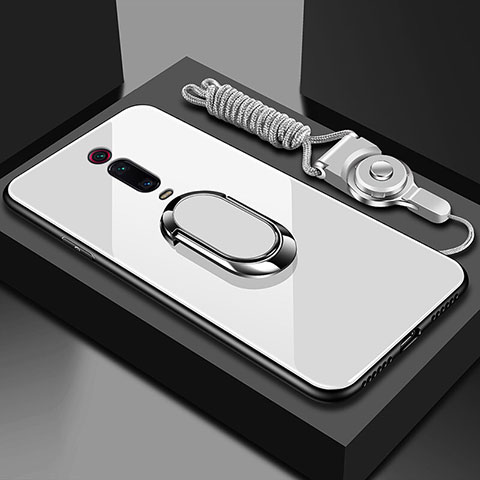 Carcasa Bumper Funda Silicona Espejo con Magnetico Anillo de dedo Soporte T01 para Xiaomi Mi 9T Pro Blanco