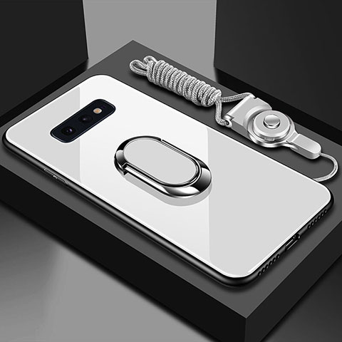 Carcasa Bumper Funda Silicona Espejo con Magnetico Anillo de dedo Soporte T02 para Samsung Galaxy S10e Blanco