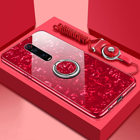 Carcasa Bumper Funda Silicona Espejo con Magnetico Anillo de dedo Soporte T02 para Xiaomi Mi 9T Pro Rojo