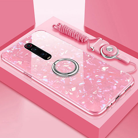 Carcasa Bumper Funda Silicona Espejo con Magnetico Anillo de dedo Soporte T02 para Xiaomi Mi 9T Rosa