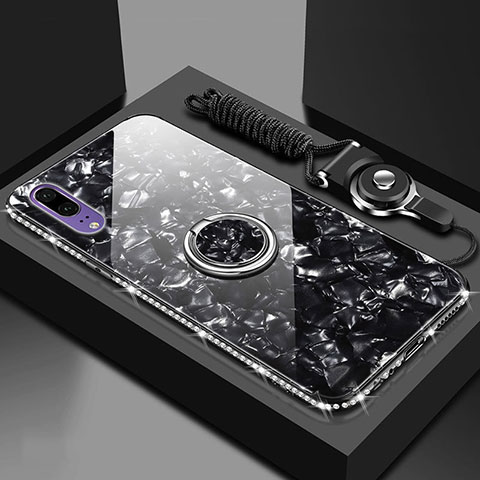 Carcasa Bumper Funda Silicona Espejo con Magnetico Anillo de dedo Soporte T03 para Huawei P20 Negro