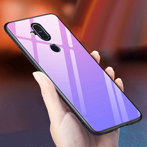 Carcasa Bumper Funda Silicona Espejo Gradiente Arco iris para Nokia 7.1 Plus Morado