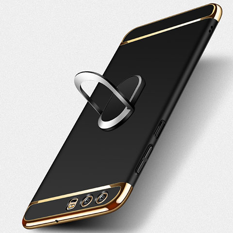 Carcasa Bumper Lujo Marco de Metal y Plastico con Anillo de dedo Soporte A02 para Huawei P10 Negro