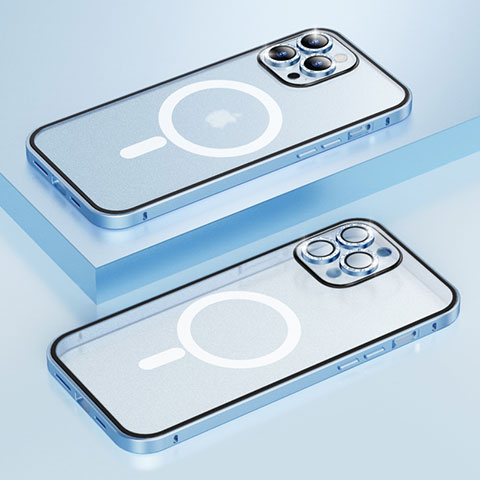 Carcasa Bumper Lujo Marco de Metal y Plastico Funda con Mag-Safe Magnetic Bling-Bling LF1 para Apple iPhone 13 Pro Max Azul
