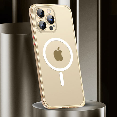 Carcasa Bumper Lujo Marco de Metal y Plastico Funda con Mag-Safe Magnetic JL2 para Apple iPhone 13 Pro Oro