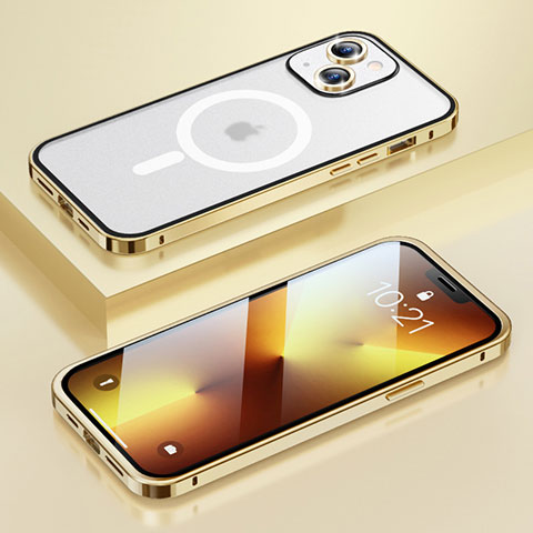 Carcasa Bumper Lujo Marco de Metal y Plastico Funda con Mag-Safe Magnetic LF1 para Apple iPhone 14 Plus Oro