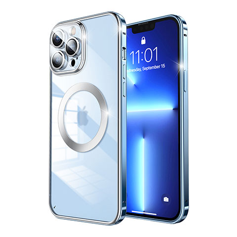 Carcasa Bumper Lujo Marco de Metal y Plastico Funda con Mag-Safe Magnetic LF5 para Apple iPhone 13 Pro Max Azul