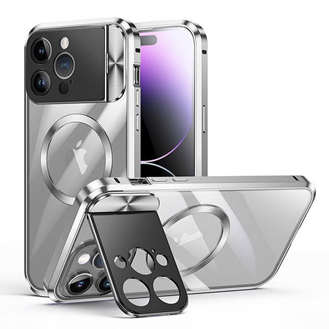 Carcasa Bumper Lujo Marco de Metal y Plastico Funda con Mag-Safe Magnetic LK4 para Apple iPhone 14 Pro Plata