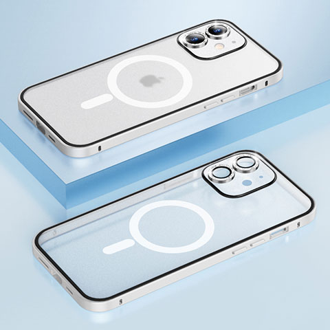 Carcasa Bumper Lujo Marco de Metal y Plastico Funda con Mag-Safe Magnetic QC1 para Apple iPhone 12 Plata