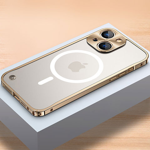 Carcasa Bumper Lujo Marco de Metal y Plastico Funda con Mag-Safe Magnetic QC1 para Apple iPhone 14 Plus Oro