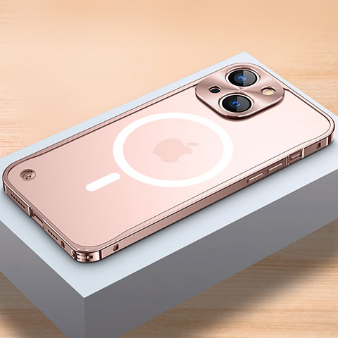 Carcasa Bumper Lujo Marco de Metal y Plastico Funda con Mag-Safe Magnetic QC1 para Apple iPhone 14 Plus Oro Rosa
