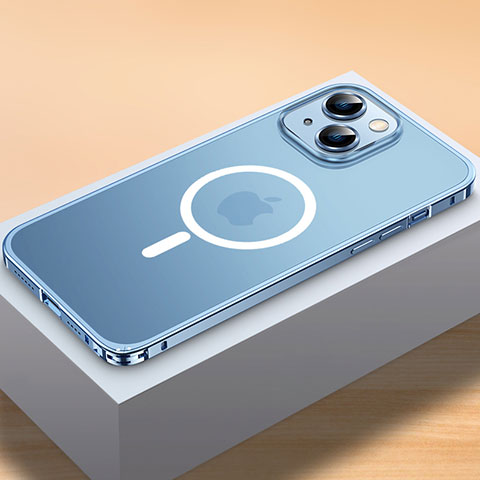 Carcasa Bumper Lujo Marco de Metal y Plastico Funda con Mag-Safe Magnetic QC2 para Apple iPhone 14 Azul