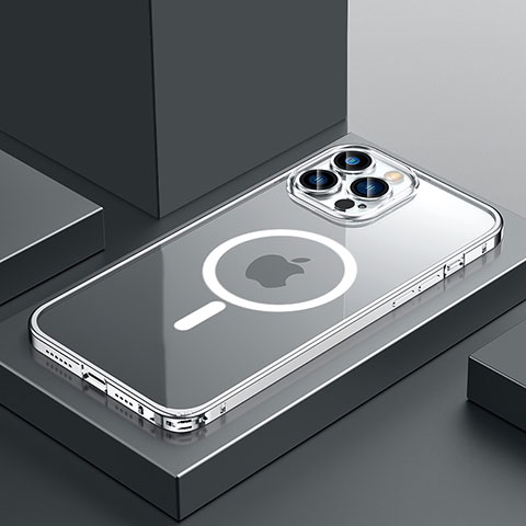Carcasa Bumper Lujo Marco de Metal y Plastico Funda con Mag-Safe Magnetic QC3 para Apple iPhone 12 Pro Max Plata
