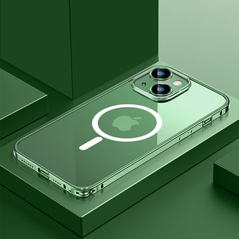 Carcasa Bumper Lujo Marco de Metal y Plastico Funda con Mag-Safe Magnetic QC3 para Apple iPhone 14 Plus Verde