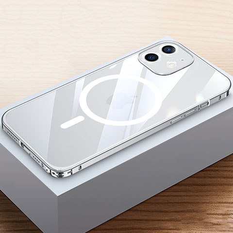 Carcasa Bumper Lujo Marco de Metal y Plastico Funda con Mag-Safe Magnetic QC4 para Apple iPhone 12 Plata