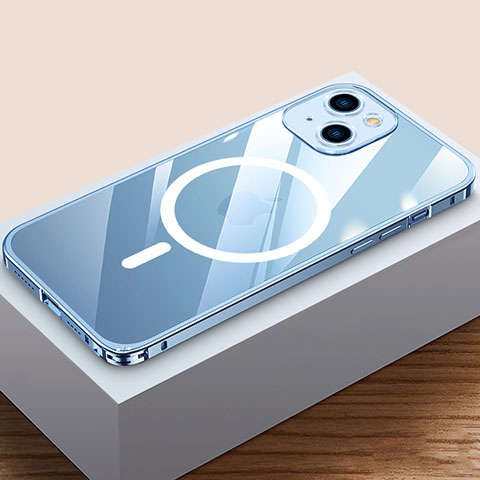 Carcasa Bumper Lujo Marco de Metal y Plastico Funda con Mag-Safe Magnetic QC4 para Apple iPhone 13 Mini Azul