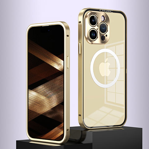 Carcasa Bumper Lujo Marco de Metal y Plastico Funda con Mag-Safe Magnetic QC5 para Apple iPhone 14 Pro Oro