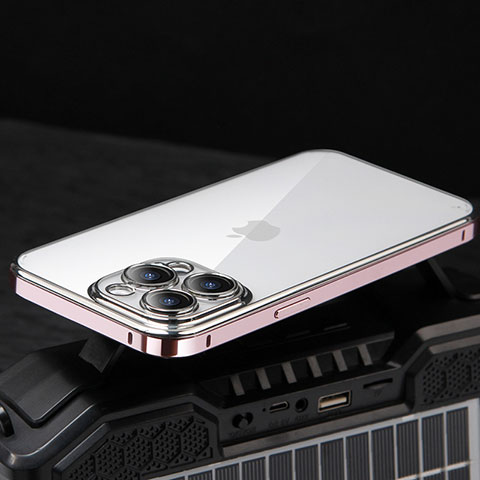 Carcasa Bumper Lujo Marco de Metal y Plastico Funda LF5 para Apple iPhone 14 Pro Max Oro Rosa