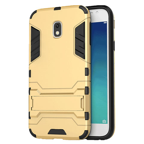 Carcasa Bumper Silicona y Plastico Mate con Soporte para Samsung Galaxy J3 Star Oro