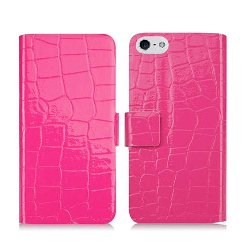 Carcasa de Cuero Cartera con Soporte Cocodrilo para Apple iPhone 5S Rosa Roja