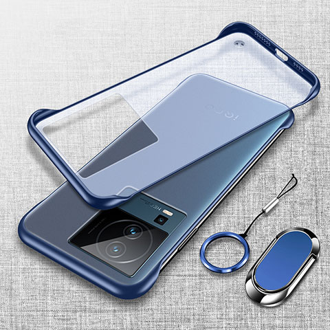 Carcasa Dura Cristal Plastico Funda Rigida Sin Marco Transparente con Magnetico Anillo de dedo Soporte para Vivo iQOO Neo7 5G Azul