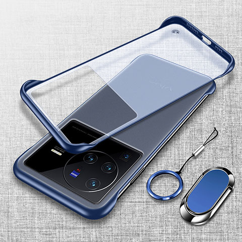 Carcasa Dura Cristal Plastico Funda Rigida Sin Marco Transparente con Magnetico Anillo de dedo Soporte para Vivo X80 Pro 5G Azul