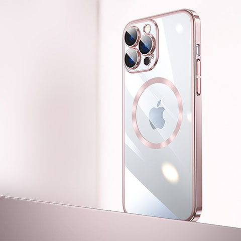 Carcasa Dura Cristal Plastico Funda Rigida Transparente con Mag-Safe Magnetic QC2 para Apple iPhone 14 Pro Max Oro Rosa