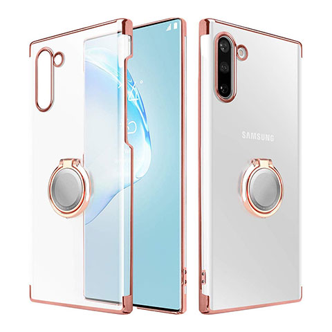Carcasa Dura Cristal Plastico Funda Rigida Transparente con Magnetico Anillo de dedo Soporte para Samsung Galaxy Note 10 5G Oro Rosa