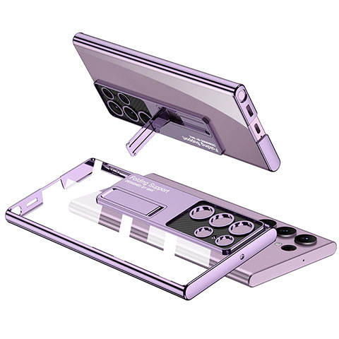 Carcasa Dura Cristal Plastico Funda Rigida Transparente con Soporte AC2 para Samsung Galaxy S21 Ultra 5G Morado