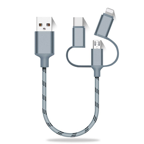 Cargador Cable Lightning USB Carga y Datos Android Micro USB Type-C 25cm S01 Gris
