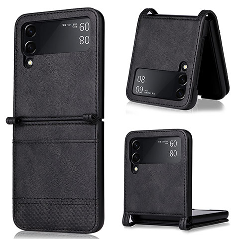 Funda Bumper Lujo Cuero y Plastico Mate Carcasa BY1 para Samsung Galaxy Z Flip3 5G Negro