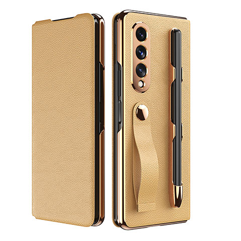 Funda Bumper Lujo Cuero y Plastico Mate Carcasa C06 para Samsung Galaxy Z Fold3 5G Oro