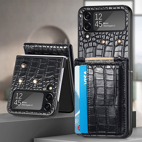 Funda Bumper Lujo Cuero y Plastico Mate Carcasa H04 para Samsung Galaxy Z Flip4 5G Negro