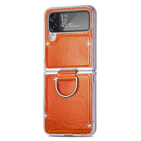 Funda Bumper Lujo Cuero y Plastico Mate Carcasa H08 para Samsung Galaxy Z Flip4 5G Naranja