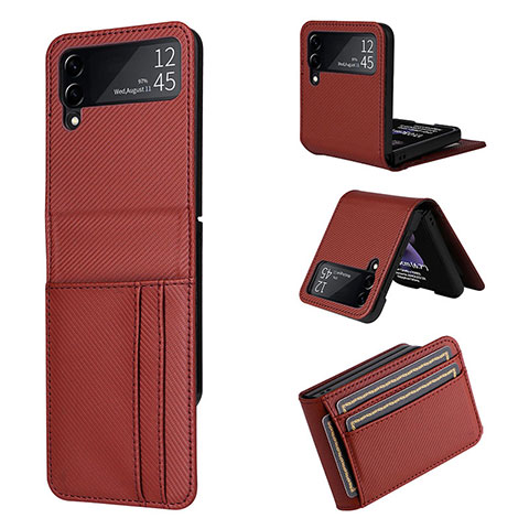 Funda Bumper Lujo Cuero y Plastico Mate Carcasa R03 para Samsung Galaxy Z Flip3 5G Marron