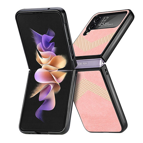 Funda Bumper Lujo Cuero y Plastico Mate Carcasa R03 para Samsung Galaxy Z Flip4 5G Oro Rosa