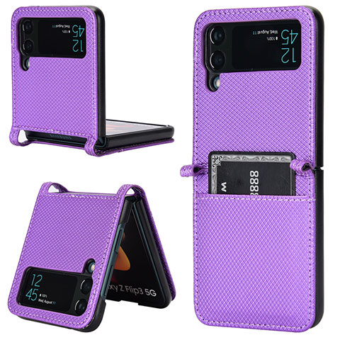 Funda Bumper Lujo Cuero y Plastico Mate Carcasa R05 para Samsung Galaxy Z Flip3 5G Morado