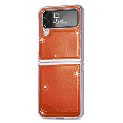 Funda Bumper Lujo Cuero y Plastico Mate Carcasa R08 para Samsung Galaxy Z Flip4 5G Naranja