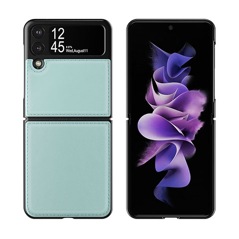 Funda Bumper Lujo Cuero y Plastico Mate Carcasa S06 para Samsung Galaxy Z Flip3 5G Azul Claro