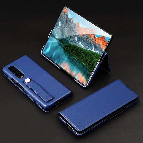 Funda Bumper Lujo Cuero y Plastico Mate Carcasa T02 para Samsung Galaxy Z Fold3 5G Azul