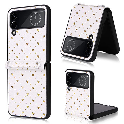 Funda Bumper Lujo Cuero y Plastico Mate Carcasa T06 para Samsung Galaxy Z Flip4 5G Oro