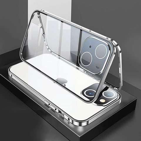 Funda Bumper Lujo Marco de Aluminio Espejo 360 Grados Carcasa M01 para Apple iPhone 13 Plata