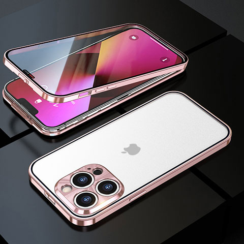 Funda Bumper Lujo Marco de Aluminio Espejo 360 Grados Carcasa M01 para Apple iPhone 13 Pro Oro Rosa