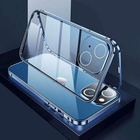 Funda Bumper Lujo Marco de Aluminio Espejo 360 Grados Carcasa M01 para Apple iPhone 14 Azul