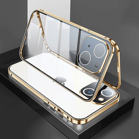 Funda Bumper Lujo Marco de Aluminio Espejo 360 Grados Carcasa M01 para Apple iPhone 14 Plus Oro