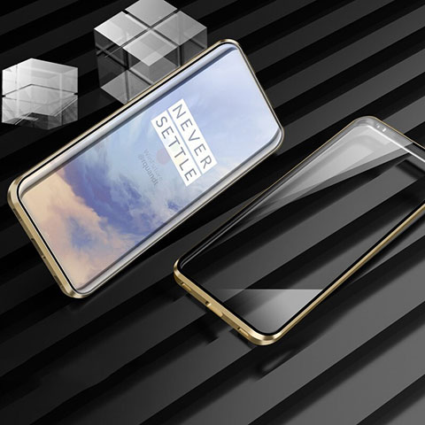 Funda Bumper Lujo Marco de Aluminio Espejo 360 Grados Carcasa M01 para OnePlus 7T Pro Oro