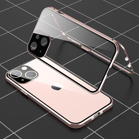 Funda Bumper Lujo Marco de Aluminio Espejo 360 Grados Carcasa M04 para Apple iPhone 13 Mini Oro Rosa
