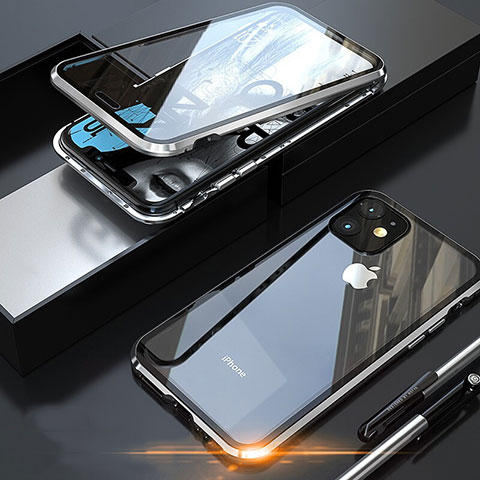 Funda Bumper Lujo Marco de Aluminio Espejo 360 Grados Carcasa M05 para Apple iPhone 11 Pro Max Plata