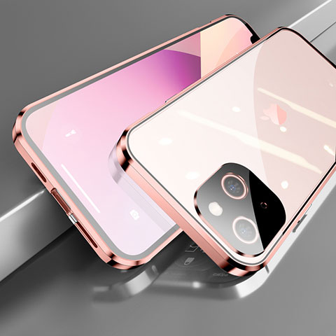 Funda Bumper Lujo Marco de Aluminio Espejo 360 Grados Carcasa M05 para Apple iPhone 13 Mini Oro Rosa