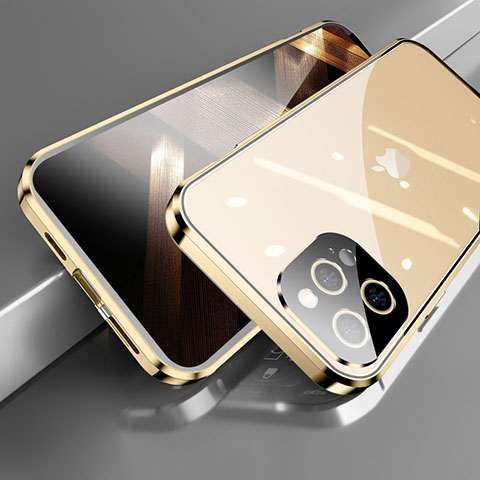 Funda Bumper Lujo Marco de Aluminio Espejo 360 Grados Carcasa M05 para Apple iPhone 14 Pro Max Oro